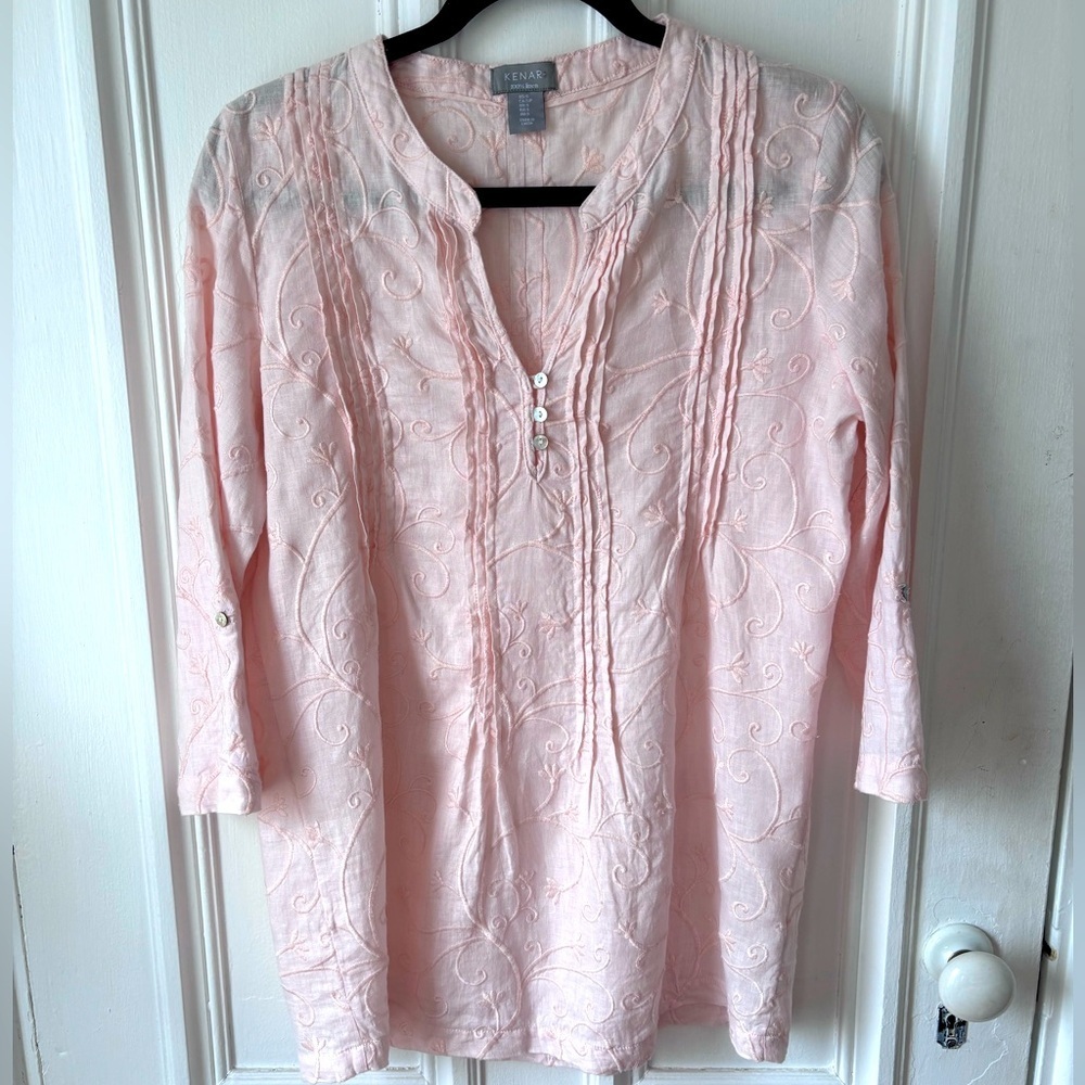 Kenar Women’s 100%Linen Embroidered 3/4 Sleeve Tunic Top Size Small Blush Pink